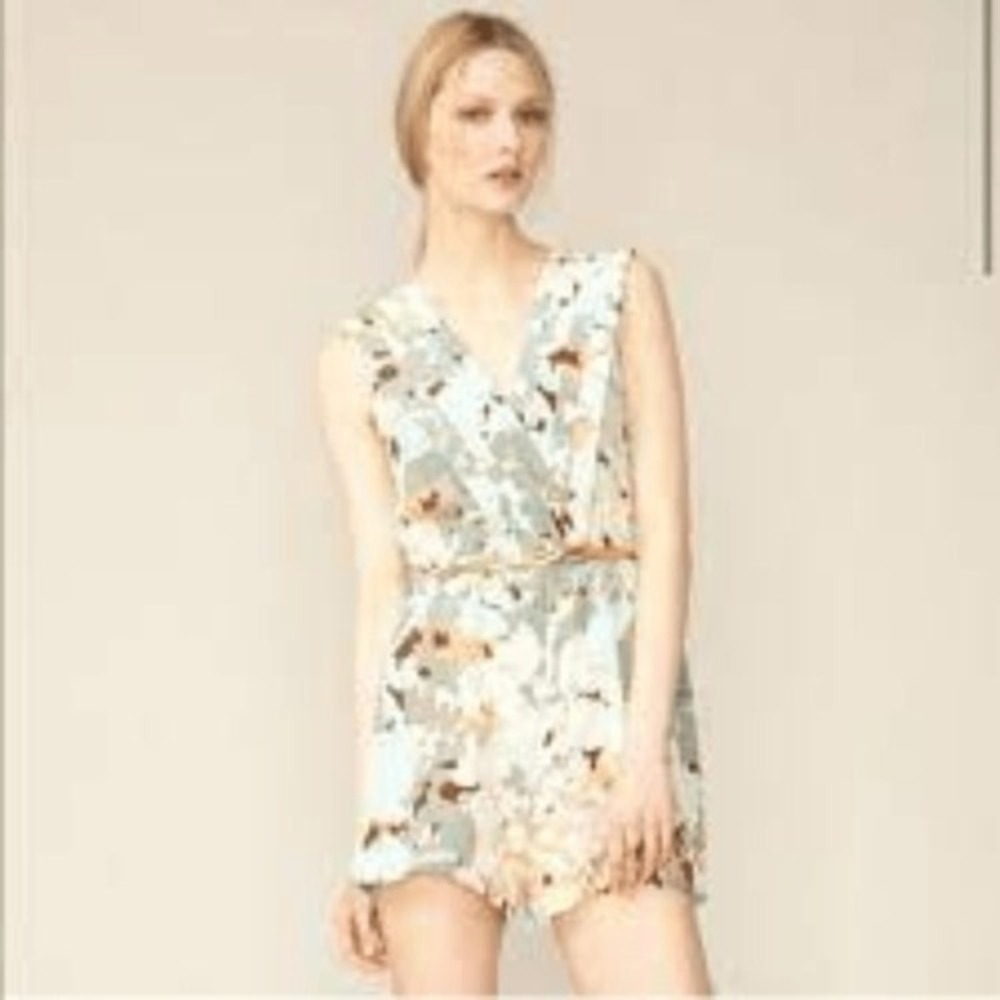 Hunter Dixon New York Womens M Abstract Floral Pleated V-Neck Romper Mint Peach